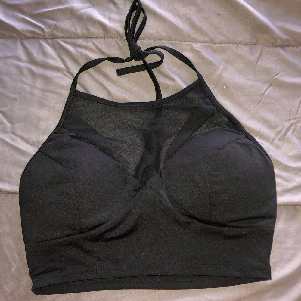 Black mesh halter crop top